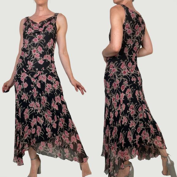 ICE silk beaded floral maxi dress long cowl neck vintage Y2K‎ pink black fairy M - Picture 3 of 17